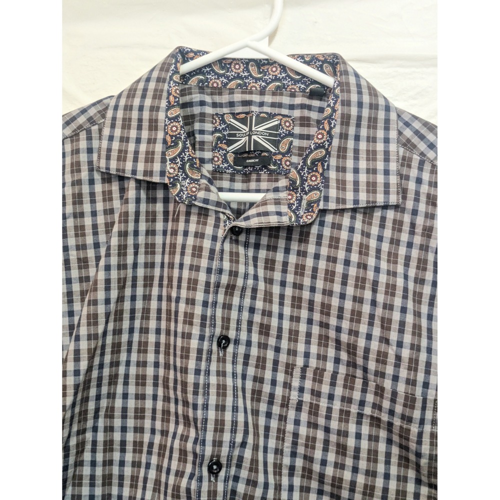 Soul of London Shirt Mens L Brown Blue Plaid Button‎ Up Long Sleeve Cuff Paisley